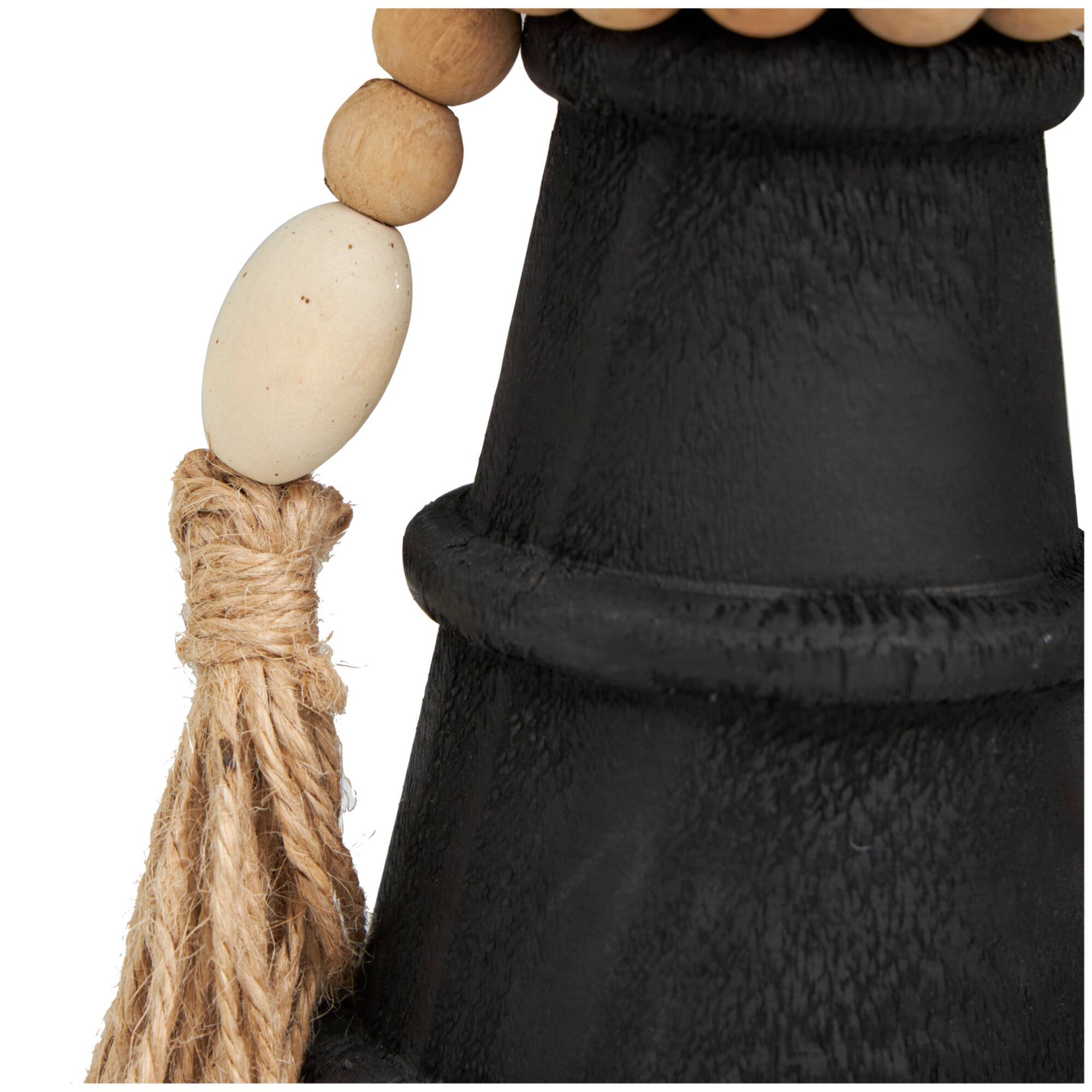 Black Wood Handmade Textured Matte Candle Holder with Beaded Garland Accent Set